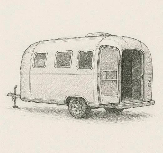 Pencil sketch of a vintage Airstream camper trailer