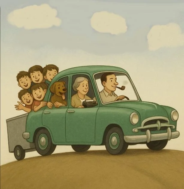 Illustration of the Notnyob family piled into a green car
