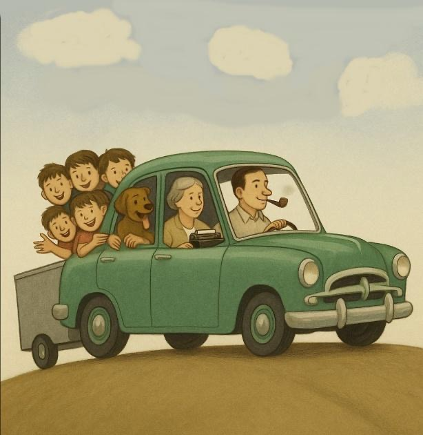 Illustration of the Notnyob family piled into a green car
