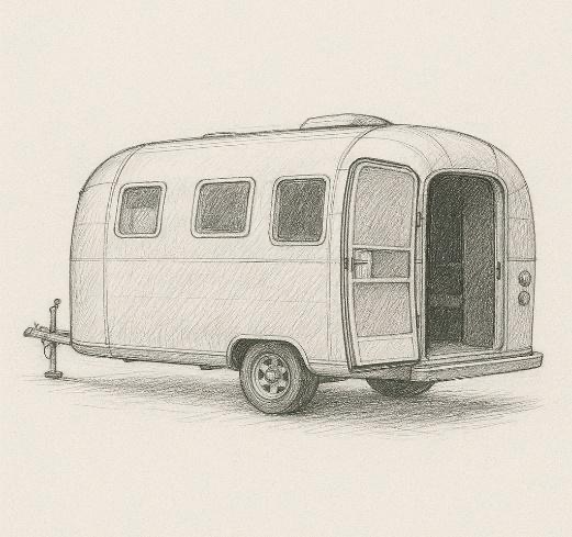 Pencil sketch of a vintage Airstream camper trailer
